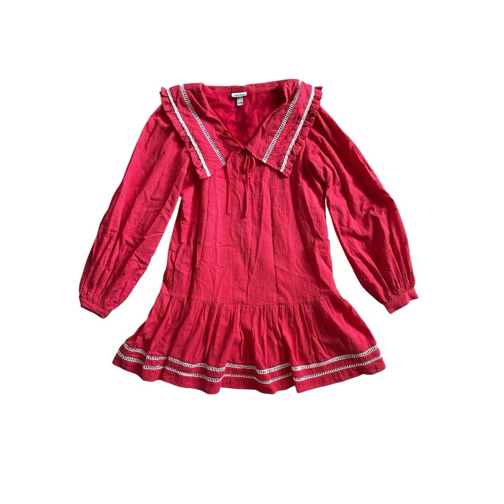 Neon Rose Mini Dress Size Small Red Sailor Collar Ruffle Bow Crochet Seersucker - Picture 4 of 9